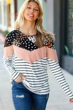 Load image into Gallery viewer, Rocking It Black &amp; Rust Chevron Floral Two-Tone Stripe Top