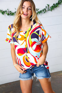 Orange Geometric V Neck Drop Shoulder Top