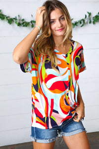 Orange Geometric V Neck Drop Shoulder Top