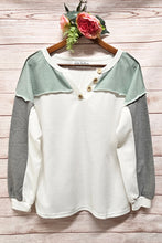 Load image into Gallery viewer, Grey Button Decor Exposed Seam Colorblock Top