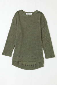 Green Waffle Knit High Low Slit Oversized Top