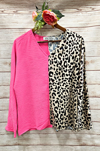 Rose Leopard Colorblock Vneck Top