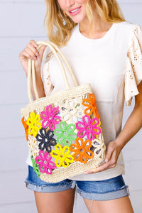 accessor One Size Fits All Multicolor Flower Power Woven Straw Crochet Tote