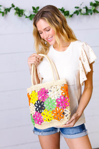 accessor One Size Fits All Multicolor Flower Power Woven Straw Crochet Tote