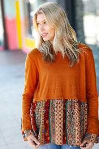 Autumn Days Rust Babydoll Paisley Bell Sleeve Top