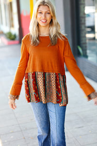 Autumn Days Rust Babydoll Paisley Bell Sleeve Top