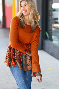 Autumn Days Rust Babydoll Paisley Bell Sleeve Top