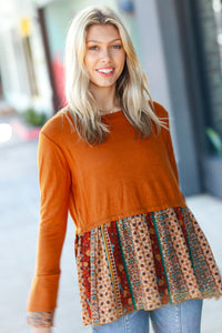 Autumn Days Rust Babydoll Paisley Bell Sleeve Top