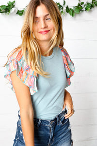 Baby Blue Boho Print Flutter Sleeve Top