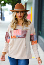 Load image into Gallery viewer, Beige Patchwork Print Kangaroo Pocket Hoodie