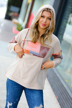 Load image into Gallery viewer, Beige Patchwork Print Kangaroo Pocket Hoodie