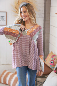 Burgundy Floral Stripe Two Tone Bell Sleeve Knit Top