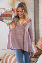 Load image into Gallery viewer, Burgundy Floral Stripe Two Tone Bell Sleeve Knit Top