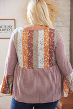 Load image into Gallery viewer, Burgundy Floral Stripe Two Tone Bell Sleeve Knit Top