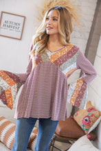 Load image into Gallery viewer, Burgundy Floral Stripe Two Tone Bell Sleeve Knit Top