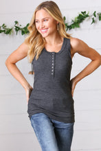 Load image into Gallery viewer, Charcoal Cotton Rib Henley Button Down Tank Top