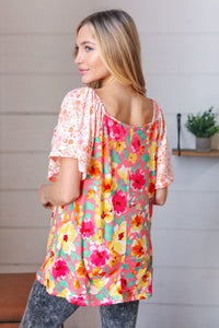 Coral Floral Flutter Sleeve Lace Square Neck Top