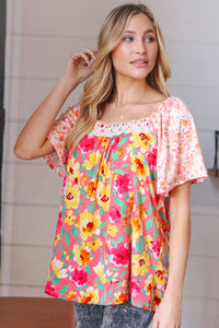 Coral Floral Flutter Sleeve Lace Square Neck Top