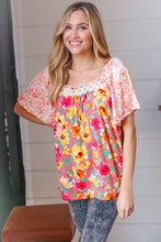 Load image into Gallery viewer, Coral Floral Flutter Sleeve Lace Square Neck Top