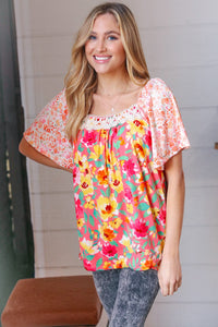 Coral Floral Flutter Sleeve Lace Square Neck Top