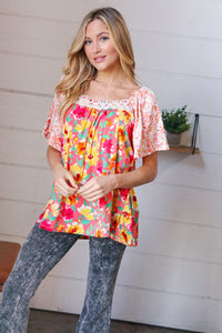 Coral Floral Flutter Sleeve Lace Square Neck Top