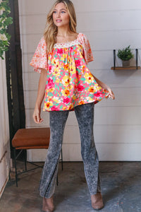 Coral Floral Flutter Sleeve Lace Square Neck Top