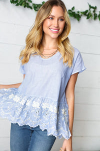 Cotton Floral Embroidered Yarn Dye Pin Stripe Blouse