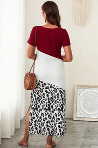 Dress Red Leopard Diagonal Colorblock Maxi Dress