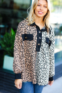 Fun Days Ahead Camel Leopard Color Block Button Down Pullover