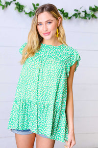 Green Daisy Floral Print Ruffle Tiered Keyhole Top