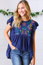 Load image into Gallery viewer, Navy Floral Embroidered Flutter Sleeve Top