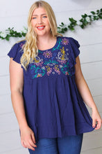 Load image into Gallery viewer, Navy Floral Embroidered Flutter Sleeve Top