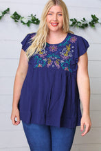 Load image into Gallery viewer, Navy Floral Embroidered Flutter Sleeve Top