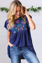Load image into Gallery viewer, Navy Floral Embroidered Flutter Sleeve Top