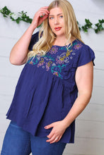 Load image into Gallery viewer, Navy Floral Embroidered Flutter Sleeve Top