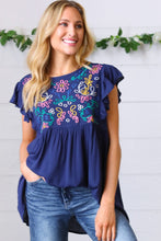 Load image into Gallery viewer, Navy Floral Embroidered Flutter Sleeve Top