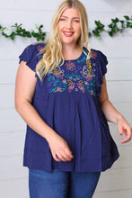 Load image into Gallery viewer, Navy Floral Embroidered Flutter Sleeve Top