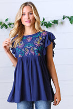 Load image into Gallery viewer, Navy Floral Embroidered Flutter Sleeve Top