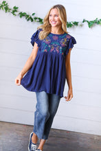 Load image into Gallery viewer, Navy Floral Embroidered Flutter Sleeve Top