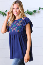 Load image into Gallery viewer, Navy Floral Embroidered Flutter Sleeve Top