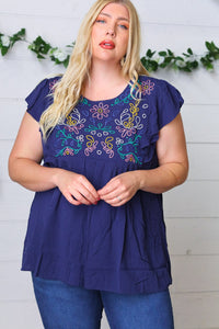 Navy Floral Embroidered Flutter Sleeve Top