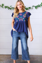 Load image into Gallery viewer, Navy Floral Embroidered Flutter Sleeve Top