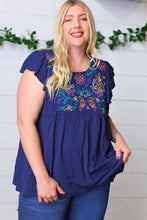 Load image into Gallery viewer, Navy Floral Embroidered Flutter Sleeve Top