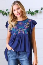 Load image into Gallery viewer, Navy Floral Embroidered Flutter Sleeve Top