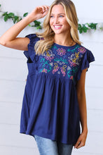 Load image into Gallery viewer, Navy Floral Embroidered Flutter Sleeve Top