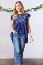 Load image into Gallery viewer, Navy Floral Embroidered Flutter Sleeve Top
