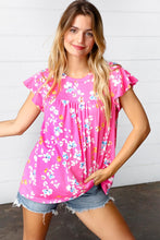 Load image into Gallery viewer, Pink Floral Print Ruffle Short Sleeve Yoke Top