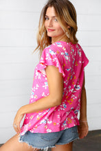 Load image into Gallery viewer, Pink Floral Print Ruffle Short Sleeve Yoke Top