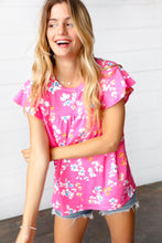 Load image into Gallery viewer, Pink Floral Print Ruffle Short Sleeve Yoke Top
