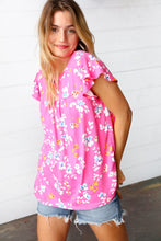 Load image into Gallery viewer, Pink Floral Print Ruffle Short Sleeve Yoke Top